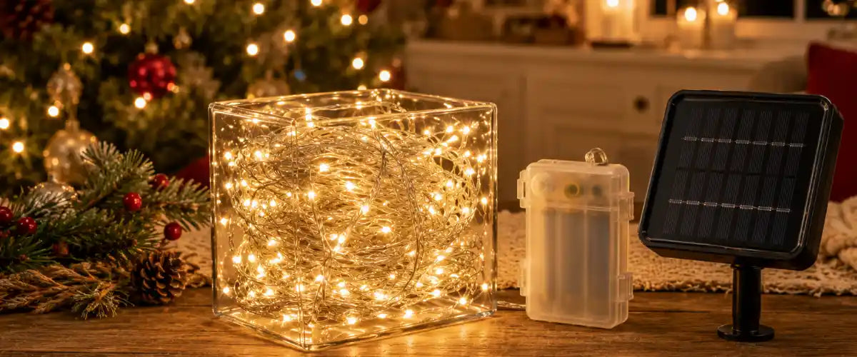Dual powered Christmas lights featuring flexible solar and plug-in illumination for festive indoor and outdoor holiday displays.