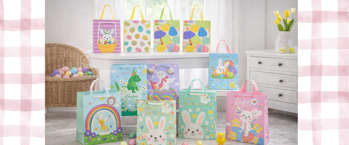 Easter bags collection featuring Easter gift bags, bunny-ear loot bags, candy bags with twist ties, and reusable Easter shopping totes.