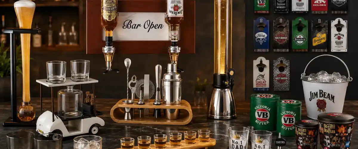 Father's Day Barware collection featuring beer glasses, whisky glasses, cocktail accessories, beer and liquor dispensers, and home bar gifts for dads in Australia.
