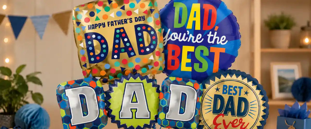 Father’s Day Balloons collection featuring festive Dad-themed and foil balloons for Father’s Day parties, family lunches and celebrations.