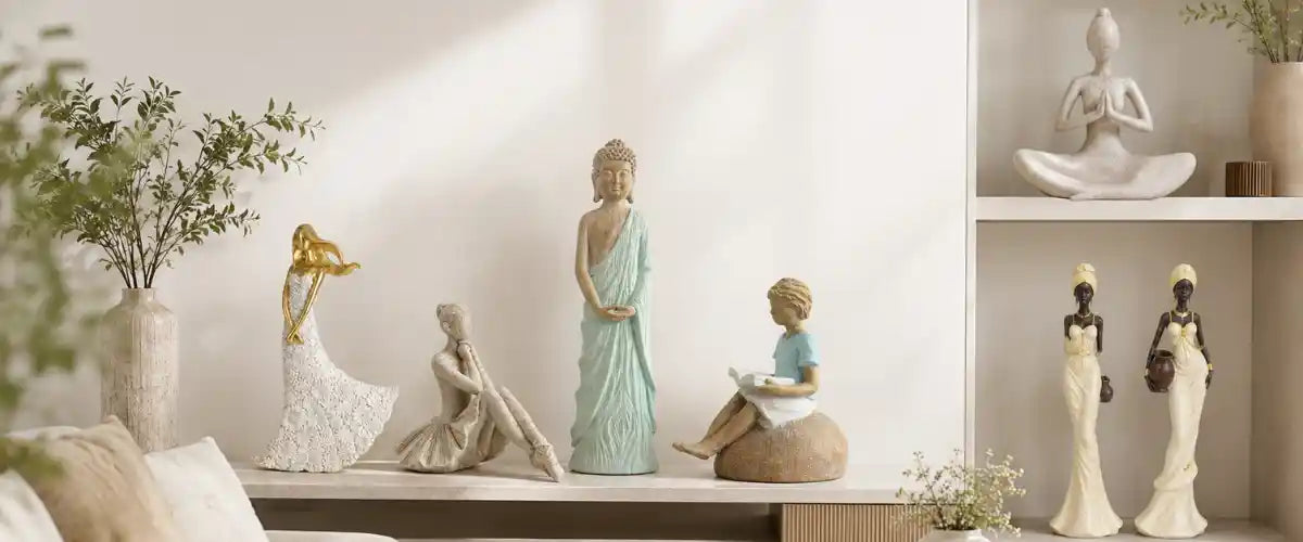 Figurines collection featuring decorative animal ornaments, character statues, tabletop figures and stylish home décor accessories.