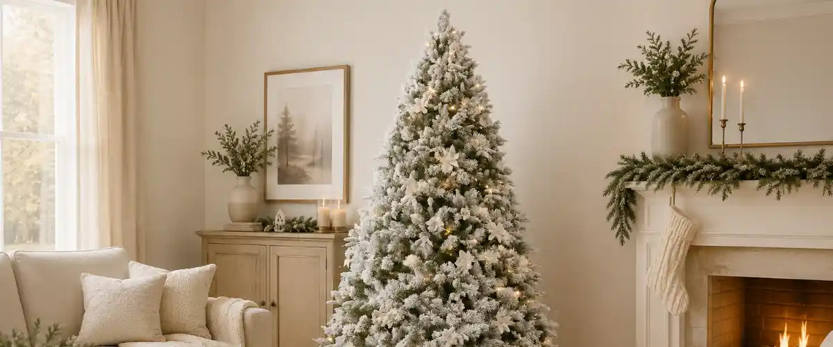 Frosted Colonial Christmas Tree featuring realistic green branches with a snowy finish for an elegant traditional holiday display.