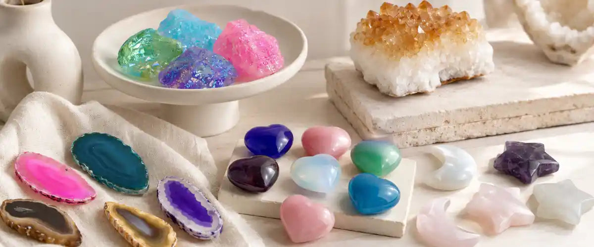 Gemstones & Rocks collection featuring natural gemstones, polished stones, colourful mineral specimens, geodes and collectible rocks for education, collecting and home display.