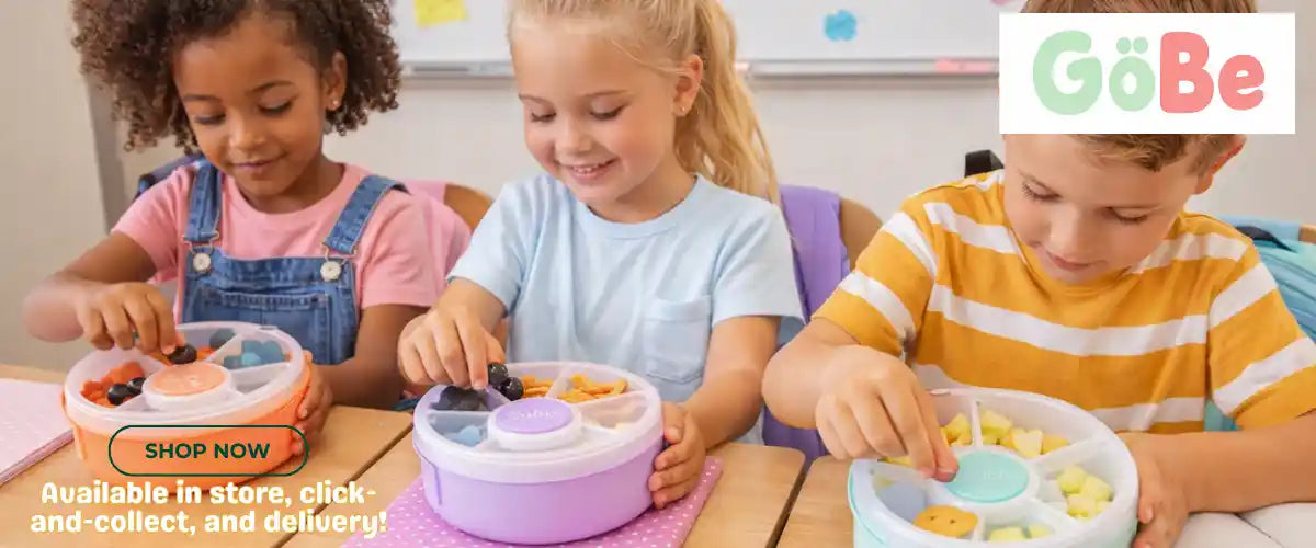 GoBe Snack Spinner Collection featuring innovative rotating snack containers with multiple compartments for children's school lunches, travel and everyday snacking.