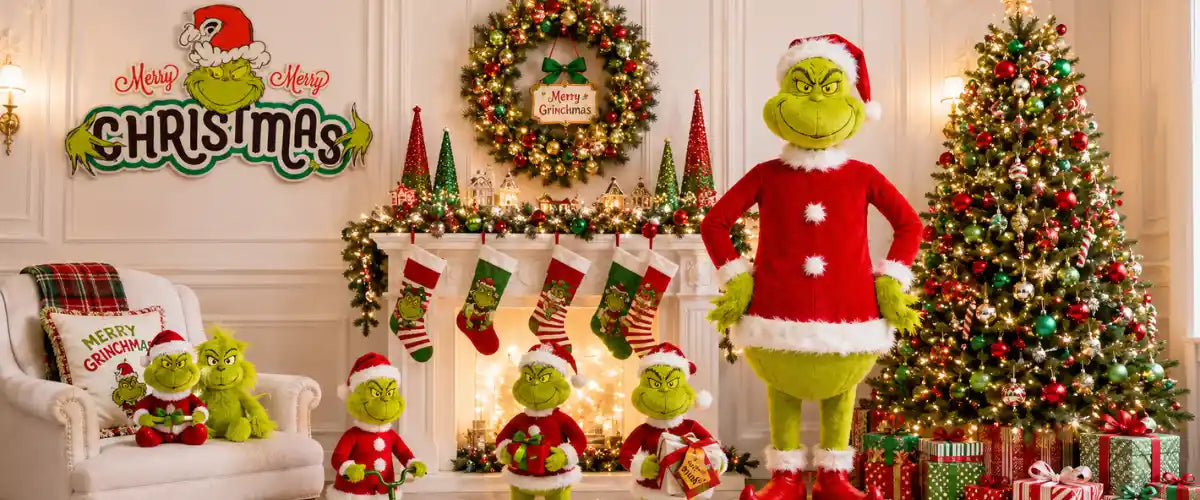 The Grinch Christmas range featuring playful character-themed decorations, gifts and festive accessories for fun holiday displays.