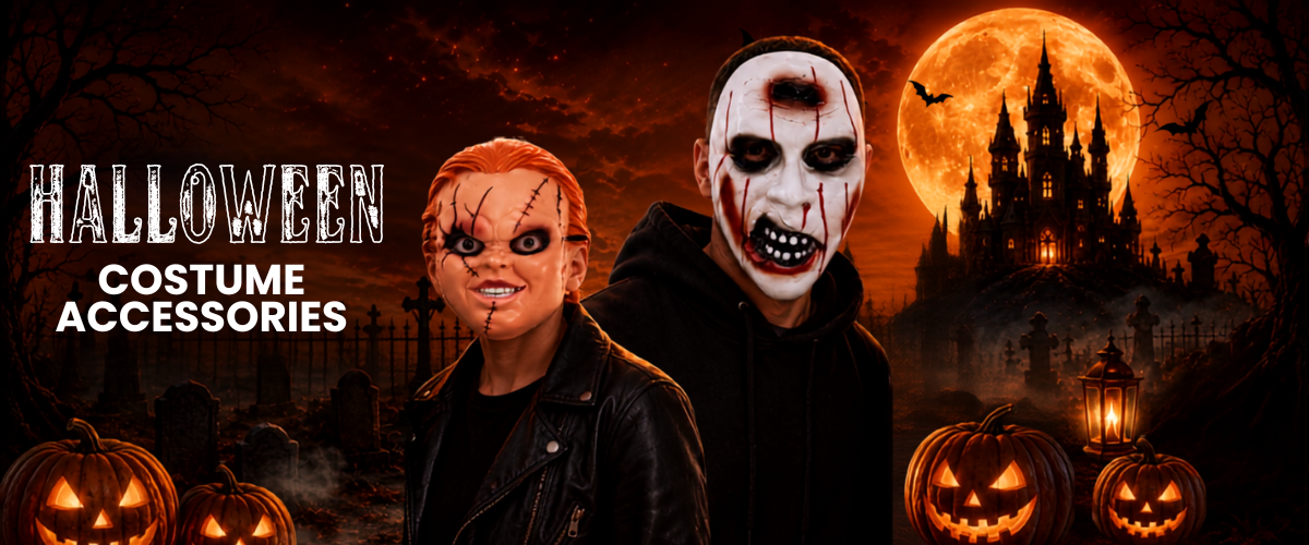 Halloween costume accessories including masks, wigs, witch capes and spooky dress-up add-ons.