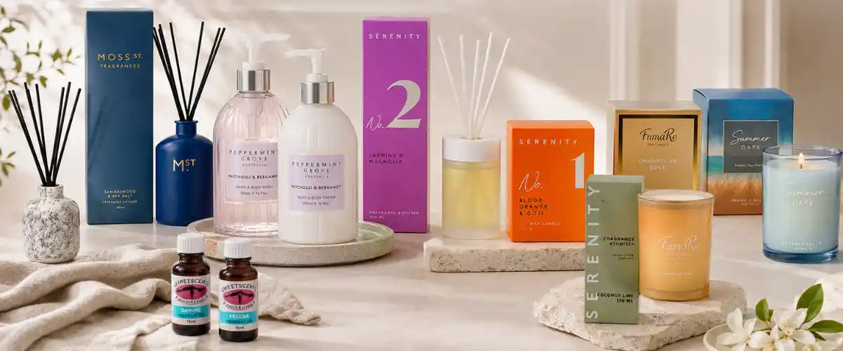 Home Fragrances collection featuring scented candles, reed diffusers, room sprays and luxury fragrance gifts for creating beautifully scented homes across Australia.
