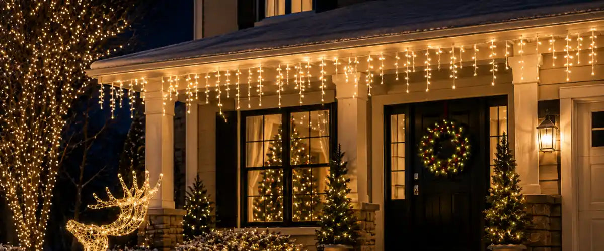 LED icicle lights hanging from a roofline creating a sparkling Christmas display for homes, outdoor entertaining and festive decorating in Australia.