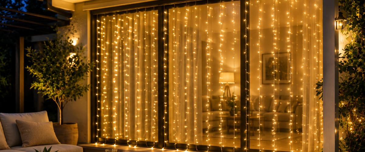 LED curtain lights creating a cascading illuminated backdrop for Christmas, weddings, home décor and outdoor entertaining in Australia.