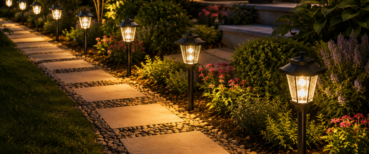 LED and solar path lights illuminating a garden walkway for outdoor landscaping, home entrances and festive Christmas displays in Australia.