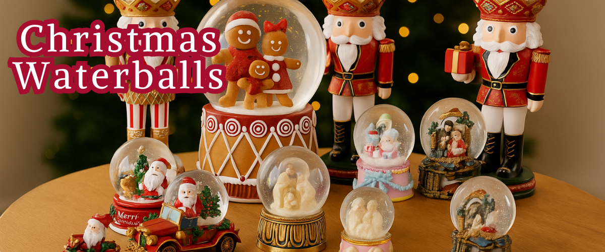 Christmas waterballs and snow globes featuring Santa, snowmen, and holiday village scenes surrounded by sparkling snow and festive décor.