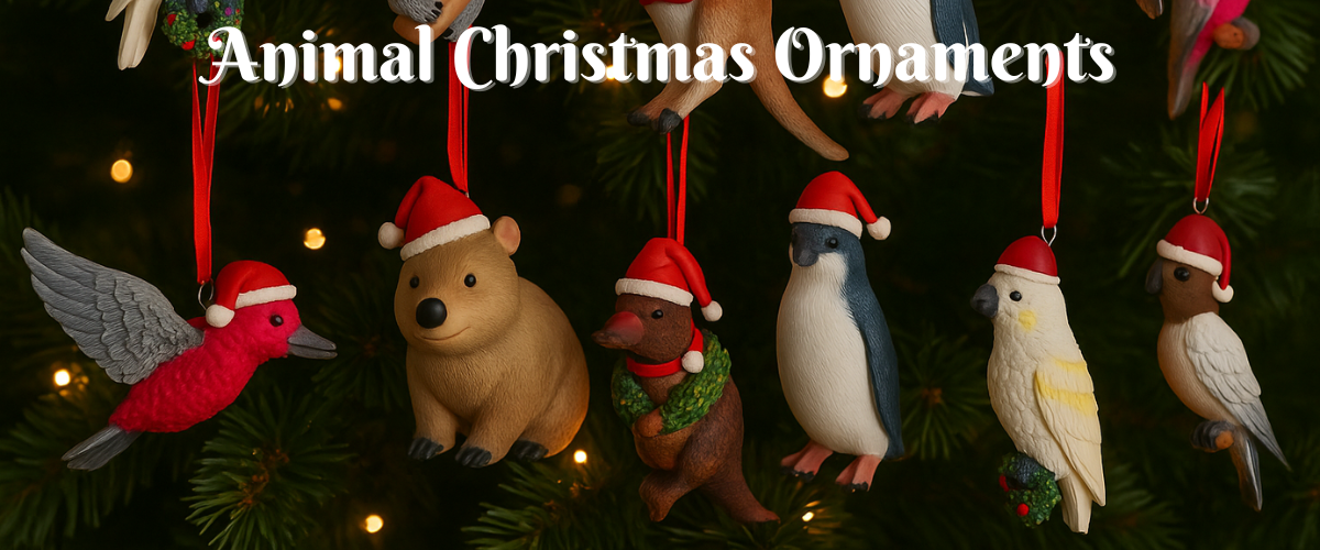 Animal Christmas Ornaments hanging on decorated Christmas tree