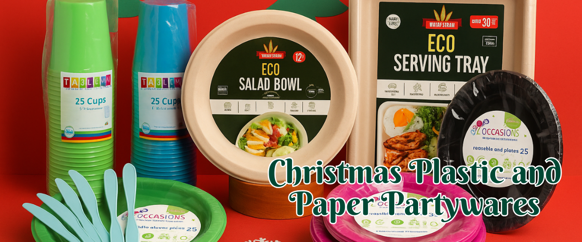 Christmas plastic and paper partywares collection with festive designs for holiday celebrations