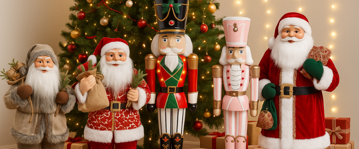 Large nutcracker and Santa Claus decorations displayed by a Christmas tree with festive lights and holiday accents.