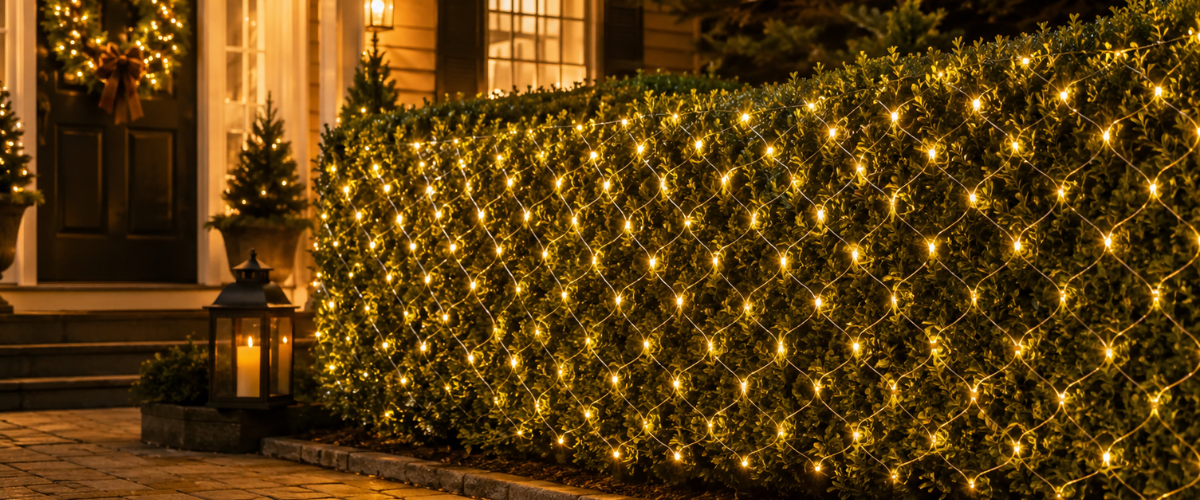 Net lights creating a sparkling Christmas garden display