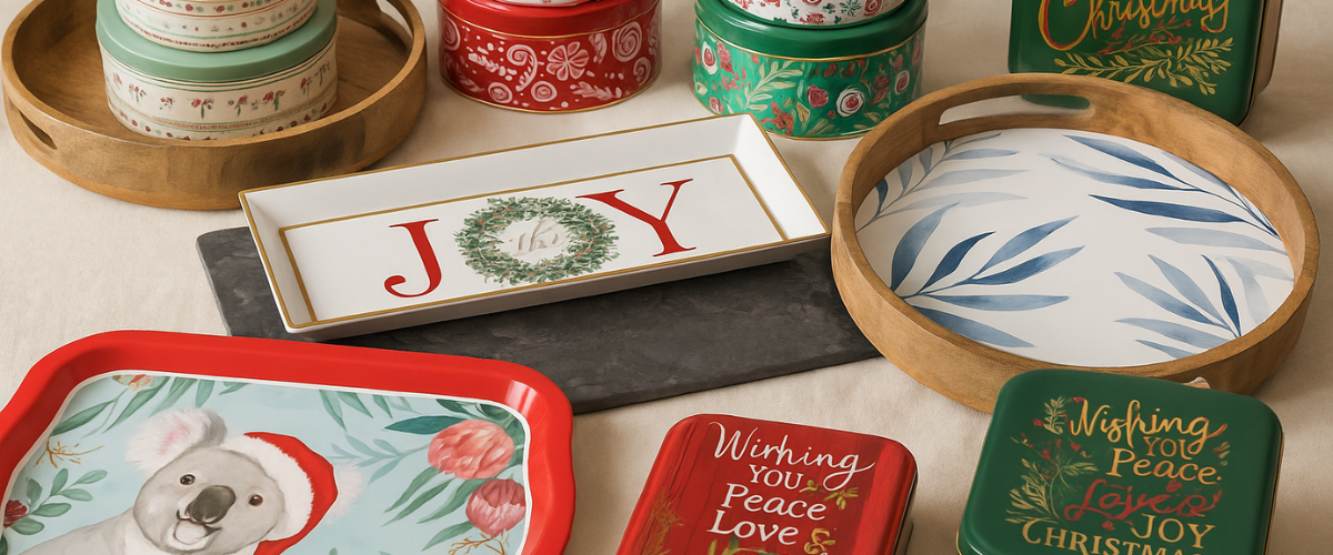 Christmas serving trays, festive plates, and decorative storage tins with holiday patterns, ready for serving treats and storing goodies during the Christmas season.