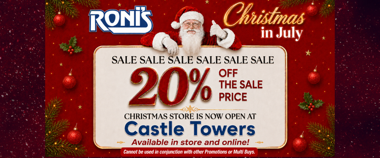 Christmas in July collection featuring Christmas trees, festive lights, decorations, baubles, wreaths, gifts and holiday home décor for winter celebrations in Australia.