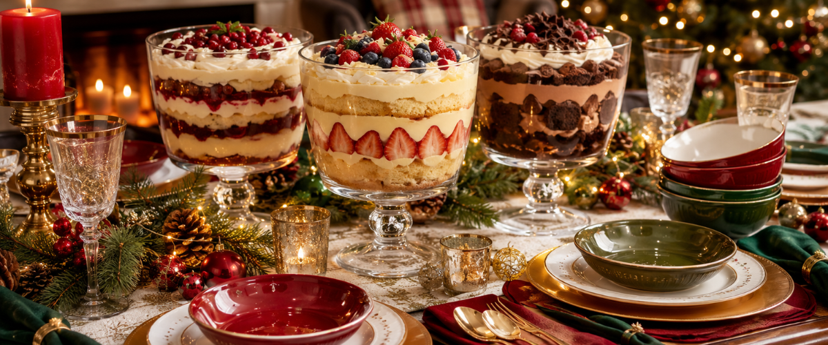 Christmas trifle bowl displayed with festive holiday dessert