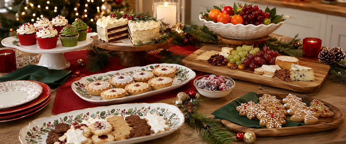 Christmas serving tray displaying festive treats and desserts