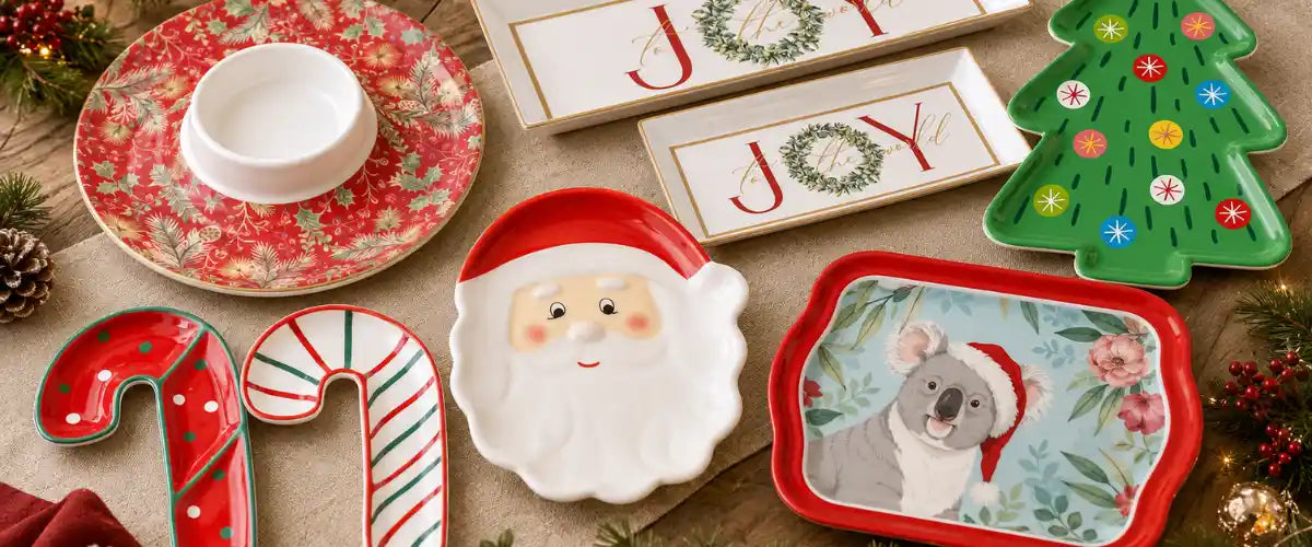 Christmas Serving Plates and Trays featuring festive platters, serving dishes and decorative trays for presenting appetisers, desserts and holiday treats.