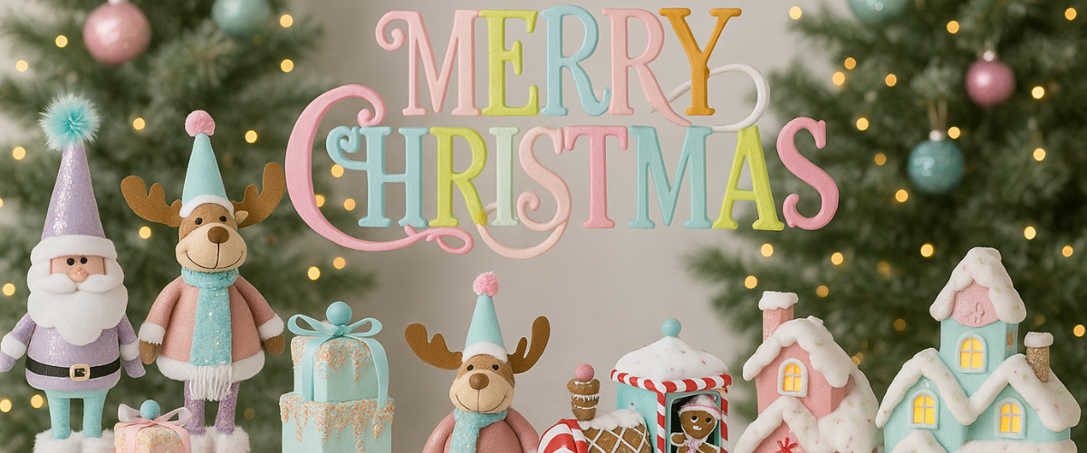 Christmas decorations in soft pastel colours with candy accents