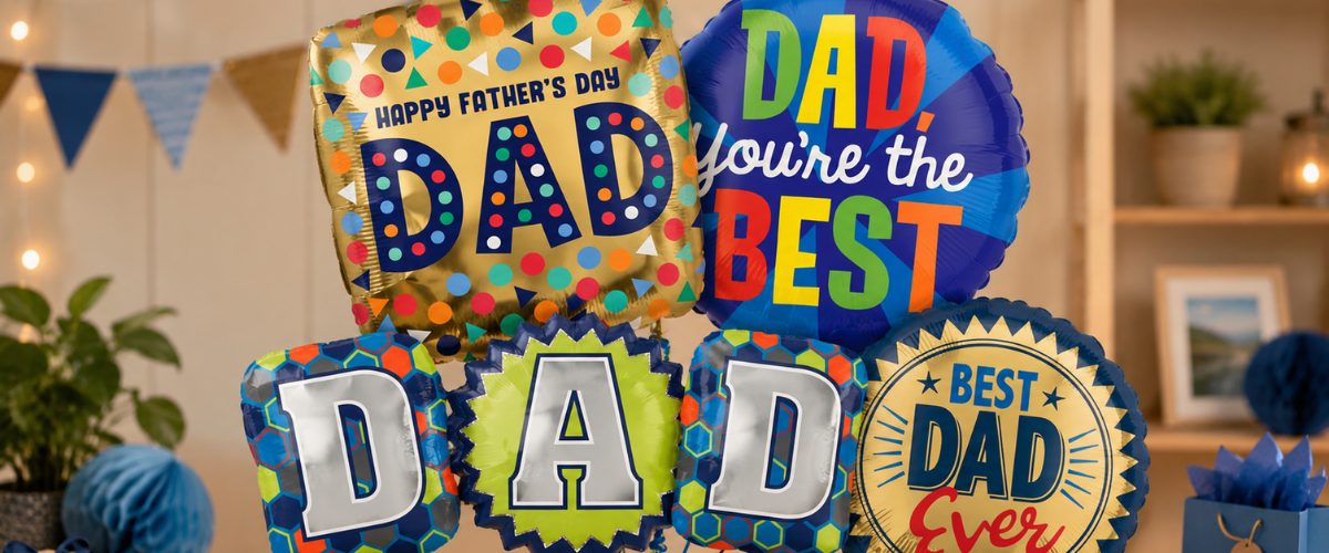 Father’s Day Balloons collection featuring festive Dad-themed and foil balloons for Father’s Day parties, family lunches and celebrations.