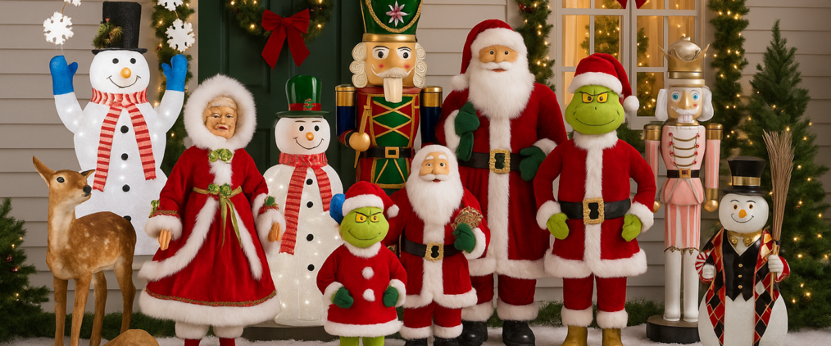 Christmas figures display featuring Santa Claus, Mrs. Claus, reindeer, snowman, nutcracker, gingerbread man, and elf arranged in a festive holiday setting.