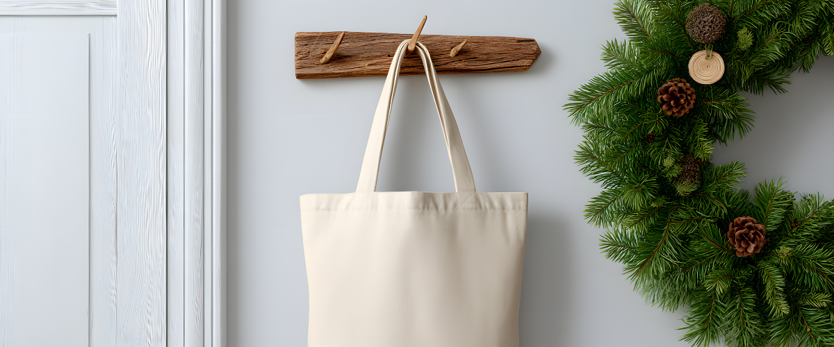 Christmas loot and tote bags – assorted festive gift bags including kraft, canvas totes, and Santa sacks for party favours and presents