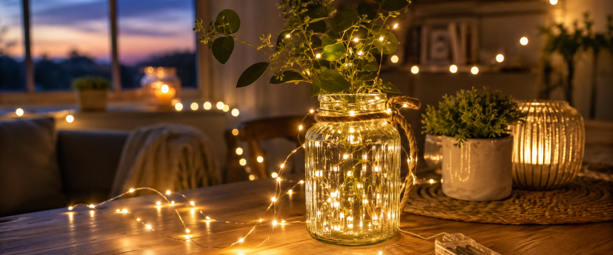 Battery operated fairy lights creating a warm decorative glow