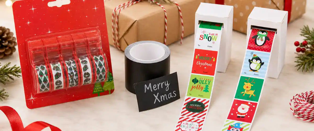 Christmas sticky tapes featuring festive designs for gift wrapping, craft projects, cards and holiday decorating.