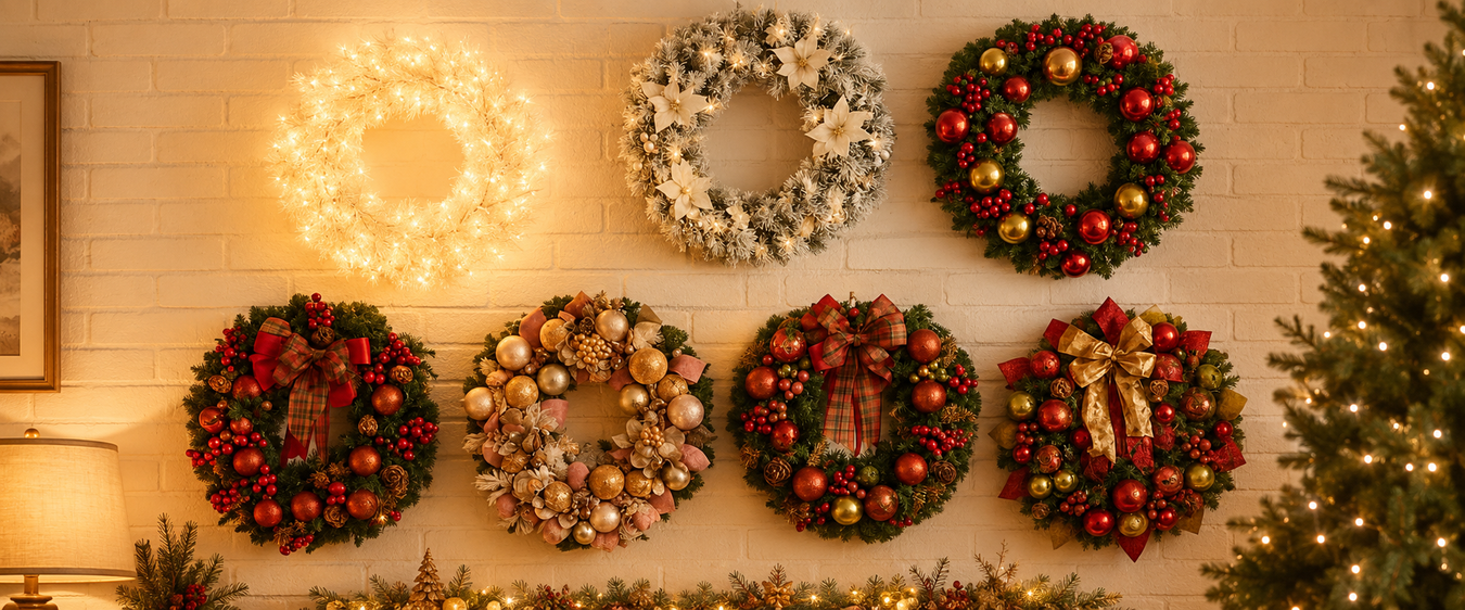 Christmas wall wreath with berries, greenery, and ribbon