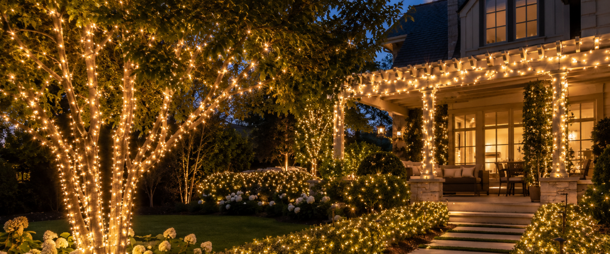 Christmas LED Cluster Lights decorating a Christmas tree with bright festive indoor and outdoor lighting