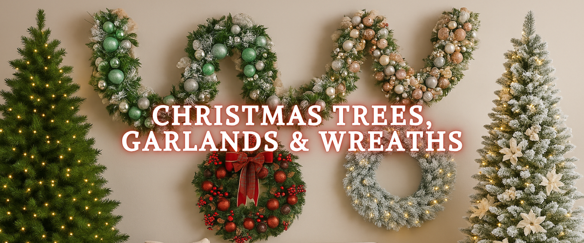 Christmas tree with matching garland and wreath, beautifully decorated with ornaments and lights for a festive holiday display.