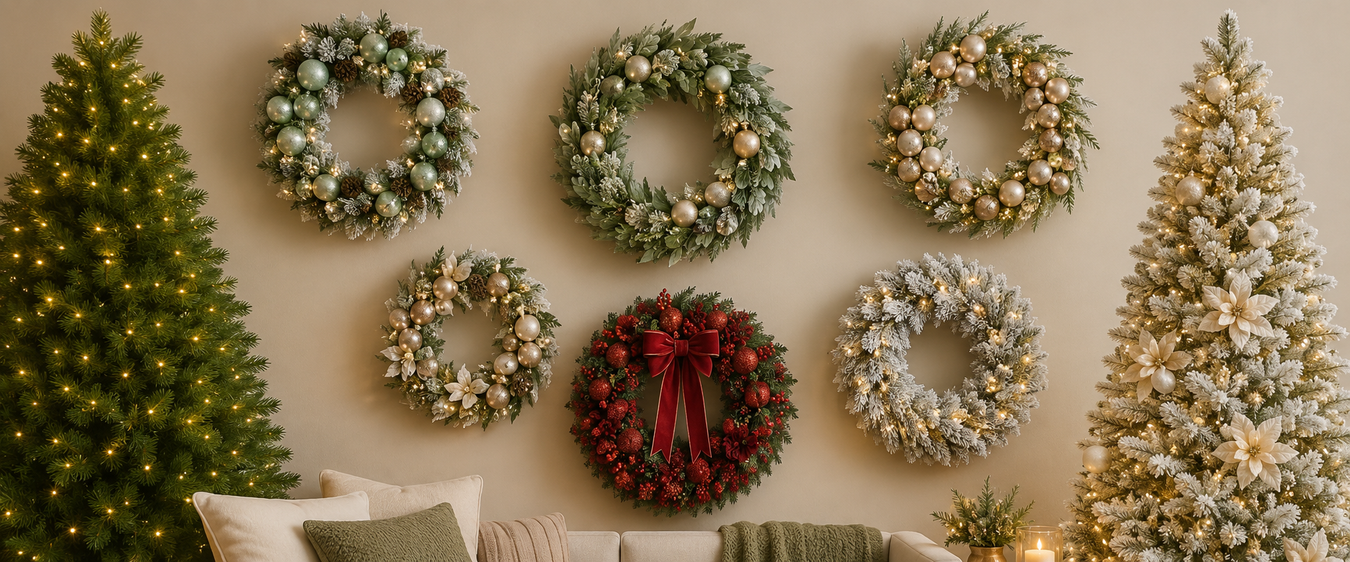 Christmas tree with matching garland and wreath, beautifully decorated with ornaments and lights for a festive holiday display.
