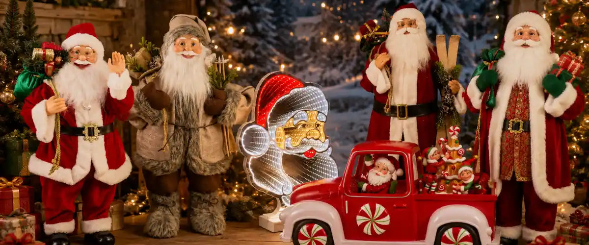 Christmas Santa decorations featuring traditional Santa figures, an illuminated Santa light and a festive red truck with elves, surrounded by Christmas trees, lights and gifts.