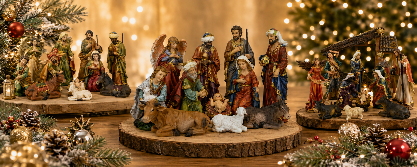 Beautiful Christmas nativity scene featuring the Holy Family, angels, and wise men displayed with festive lighting and holiday décor.