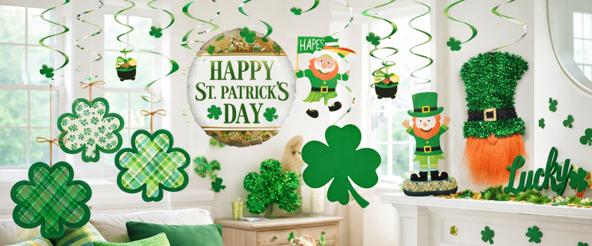 St. Patrick’s Day decorations with shamrock bunting, green tinsel, and hanging swirls backdrop