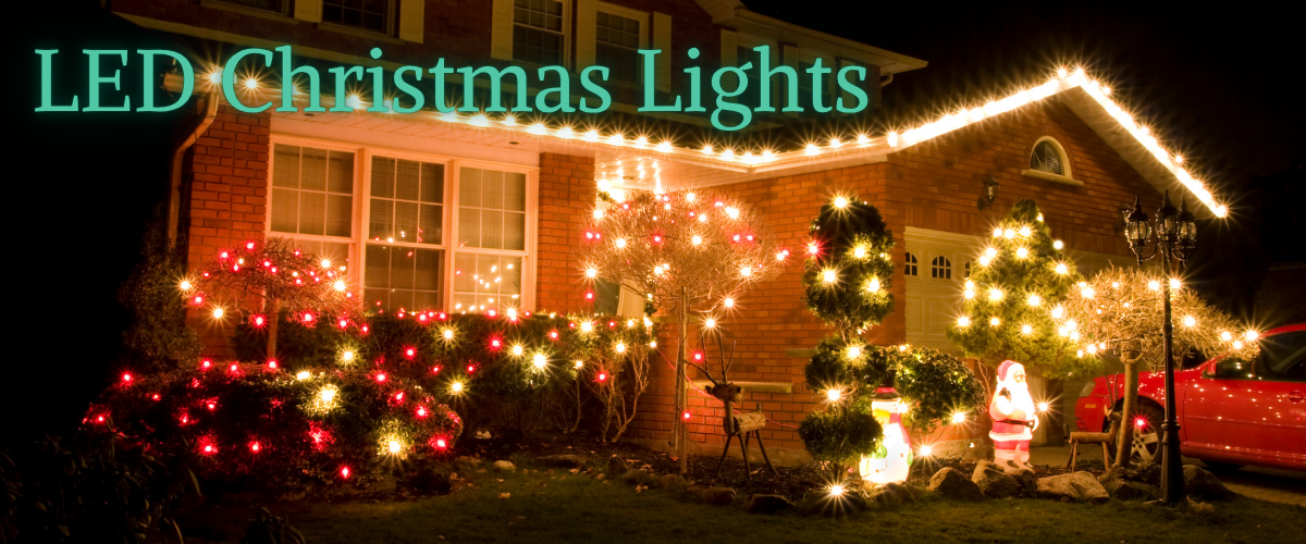 LED Christmas lights decorating a festive tree and home, glowing with warm white and multicolour illumination for the holidays.