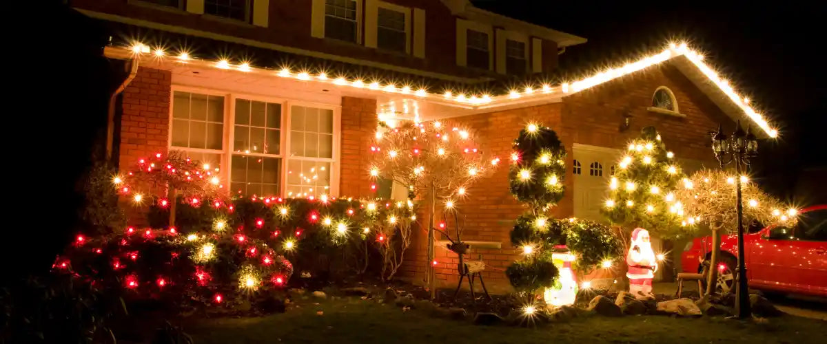 LED Christmas lights decorating a festive tree and home, glowing with warm white and multicolour illumination for the holidays.