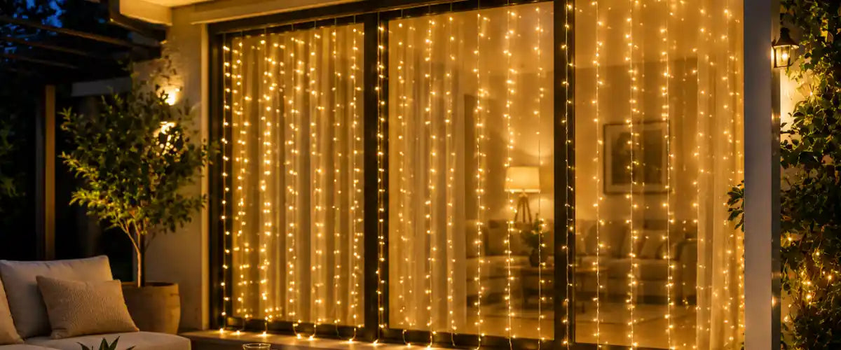 LED curtain lights featuring cascading strands of bright festive illumination for windows, walls and indoor or outdoor Christmas displays.