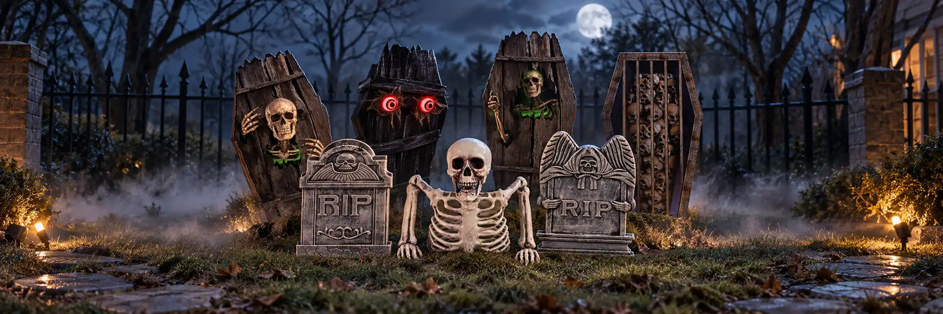 Halloween lawn decorations featuring tombstones, skeletons, spooky garden stakes and graveyard decorations for an outdoor Halloween display.