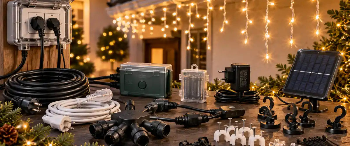 Christmas light accessories and compatible lighting essentials for organising and setting up indoor and outdoor festive light displays.