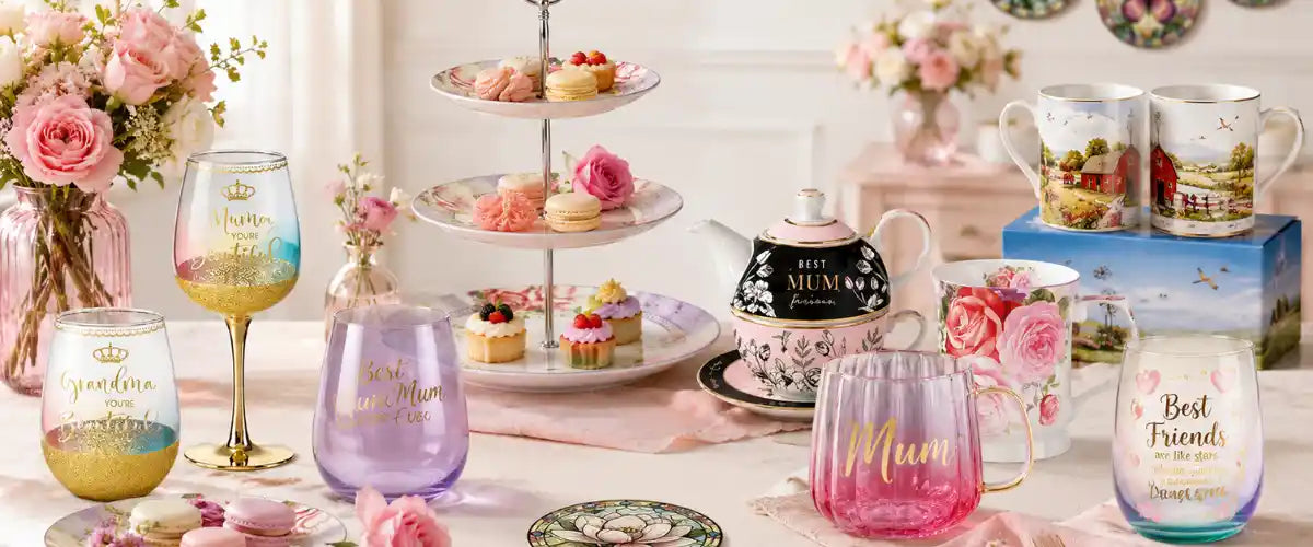 Mother’s Day Tableware featuring elegant plates, mugs, serving pieces and decorative dining accessories for creating a beautiful Mother’s Day table setting.