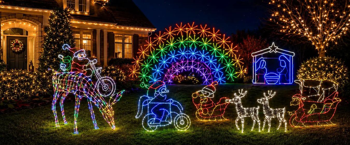 Outdoor motif Christmas lights featuring glowing LED reindeer, stars, and snowflakes illuminating a festive home exterior.