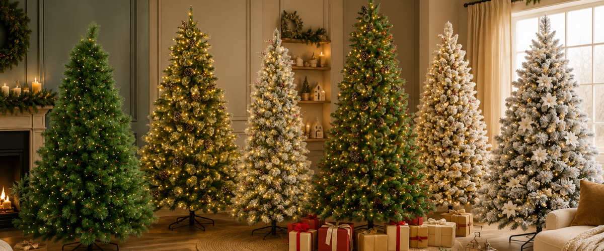 Christmas tree collection featuring slim, full, and snow-flocked artificial trees for holiday decoration.