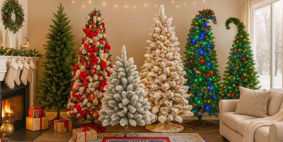 Christmas tree collection featuring slim, full, and snow-flocked artificial trees for holiday decoration.