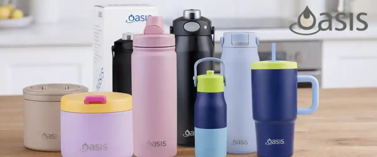 OASIS drinking bottles and food flasks featuring reusable insulated designs for keeping drinks and meals fresh while at work, school or on the go.