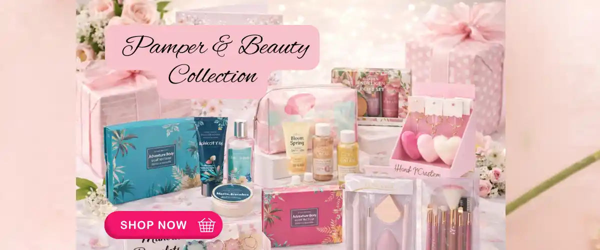 Pamper and beauty gifts collection featuring self-care essentials, bath products, beauty accessories and relaxing gift ideas for special occasions.