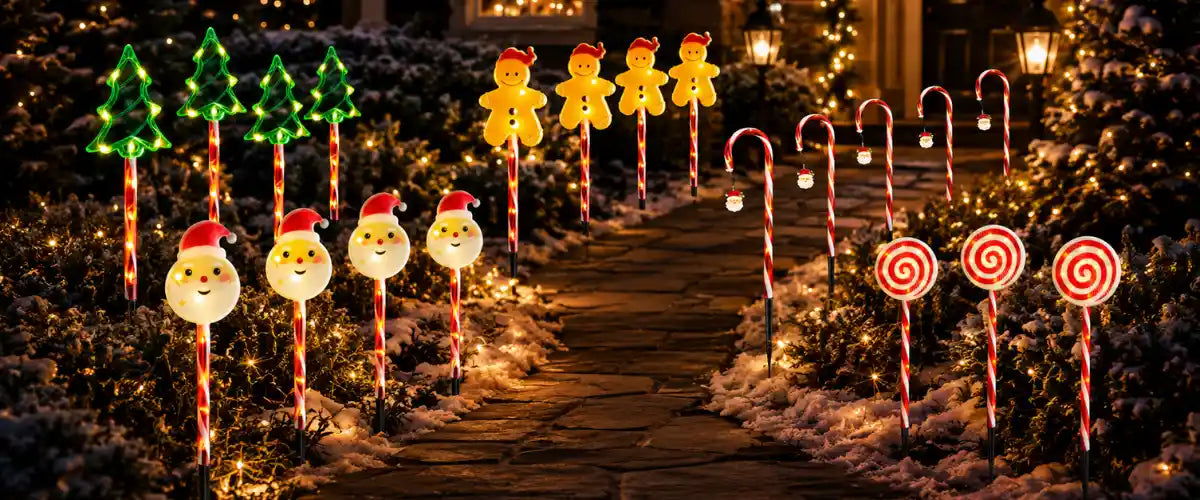 Path lights featuring decorative illumination for walkways, gardens, driveways and festive outdoor Christmas displays.