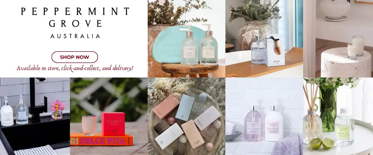 Peppermint Grove Australia Fragrances collection featuring scented candles, reed diffusers, hand and body care, and elegant Australian fragrance gifts.
